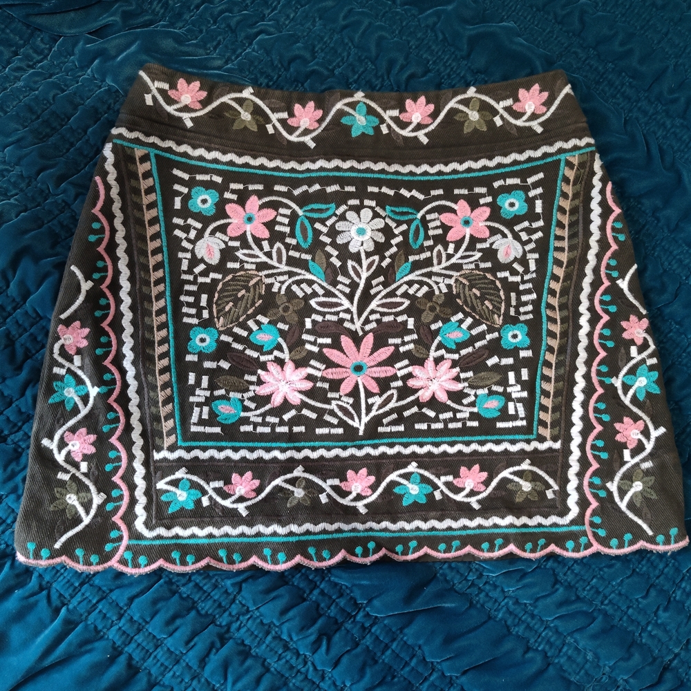 miami Mini Skirt with Pink & Teal Embroidered Floral Design